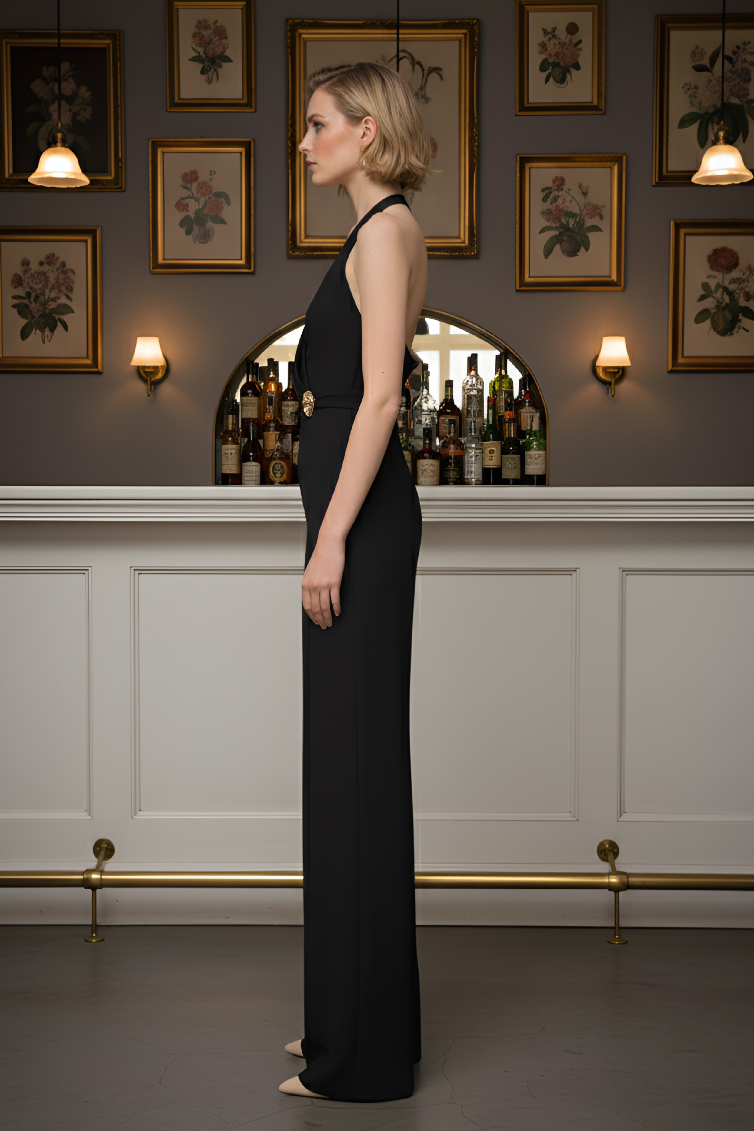 Black Halter Jumpsuit – Gold Brooch